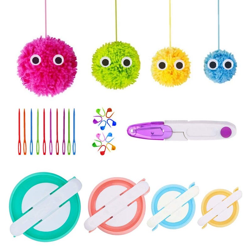 RRigo Pom Pom Maker, 4 Sizes Pompom Maker Tool Set for Fluff Ball Weave DIY Wool Yarn Knitting Craft Project for Knitting Lover +10PS Knitting Stitch Markers+10PS Plastic Needles+1PS Scissors - Image 1